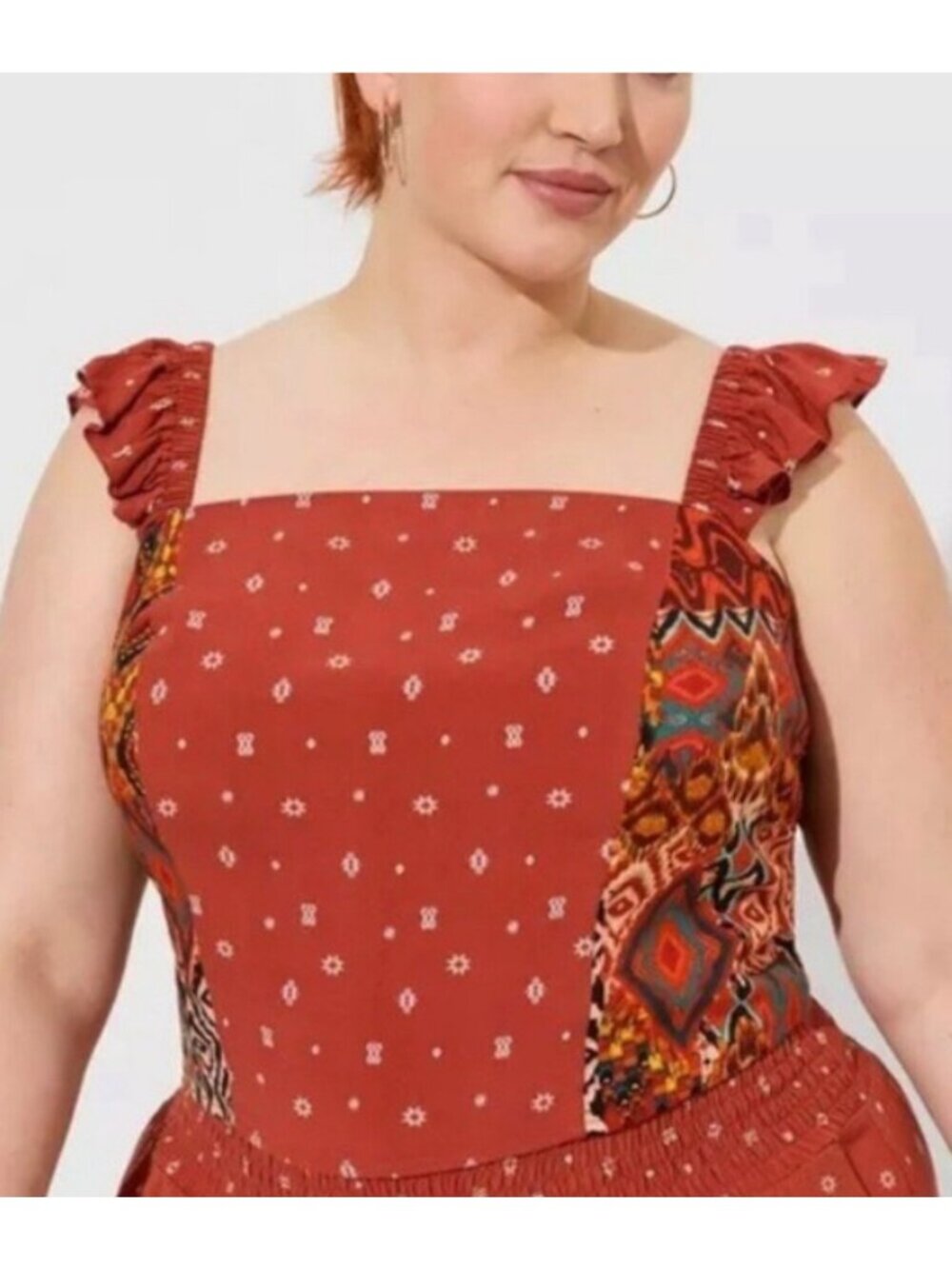Torrid Plus Size 2X Challis Smocked Ruffle Cropped Top Red Flutter Sleeves NWT